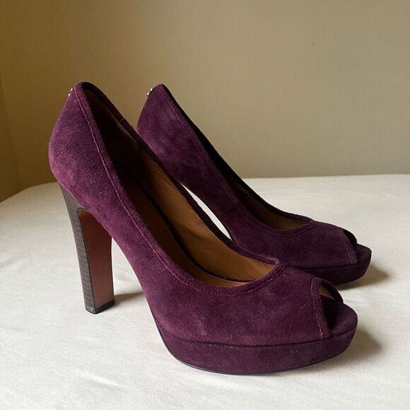 Coach Breana Platform Peep Toe Pumps Suede Leather Stacked Heel Plum Purple 9 - Picture 1 of 10